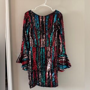 JOVANI Multicolor Sequin Mini Dress with Flared Sleeves
